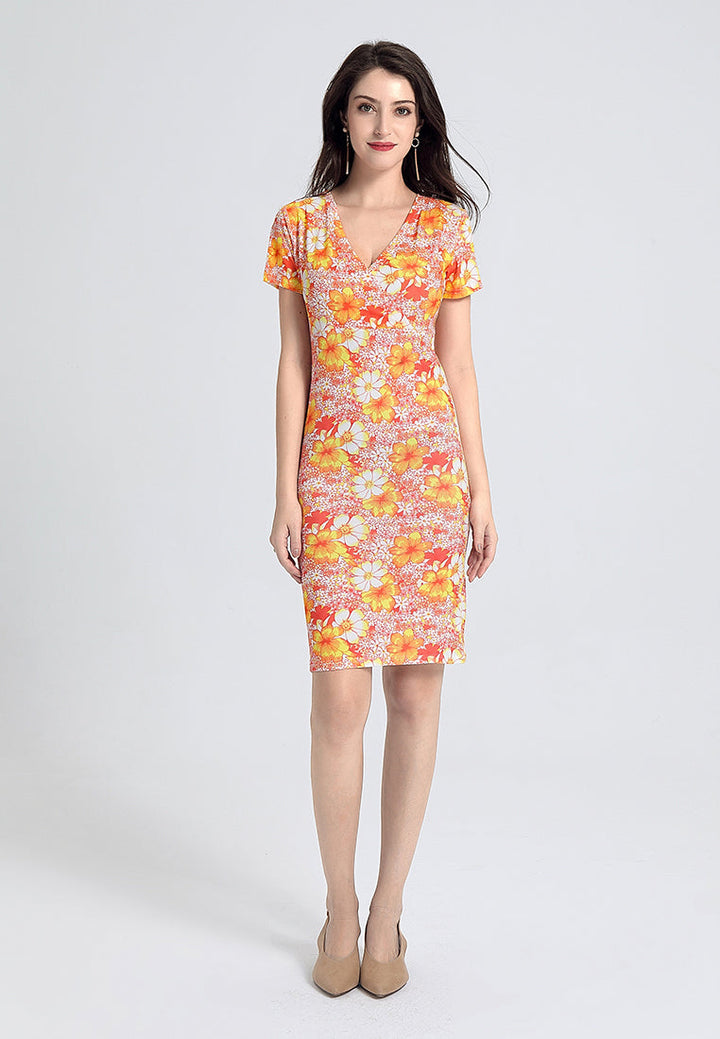 v-neck bodycon dress#color_orange-print