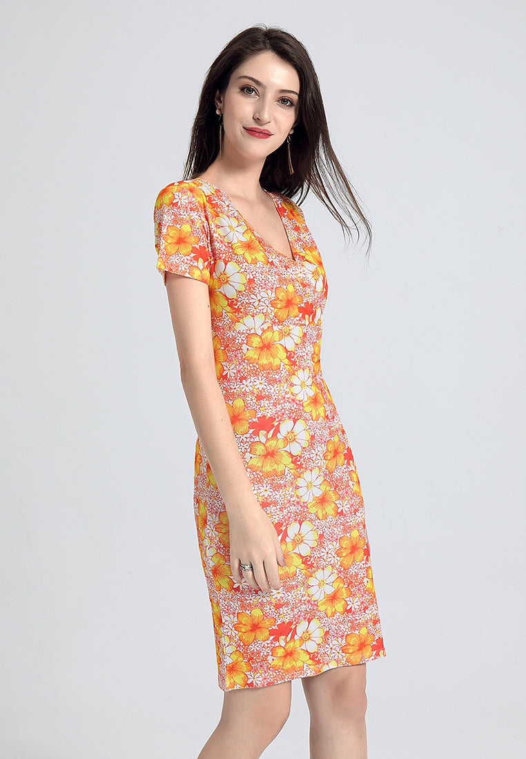 v-neck bodycon dress#color_orange-print