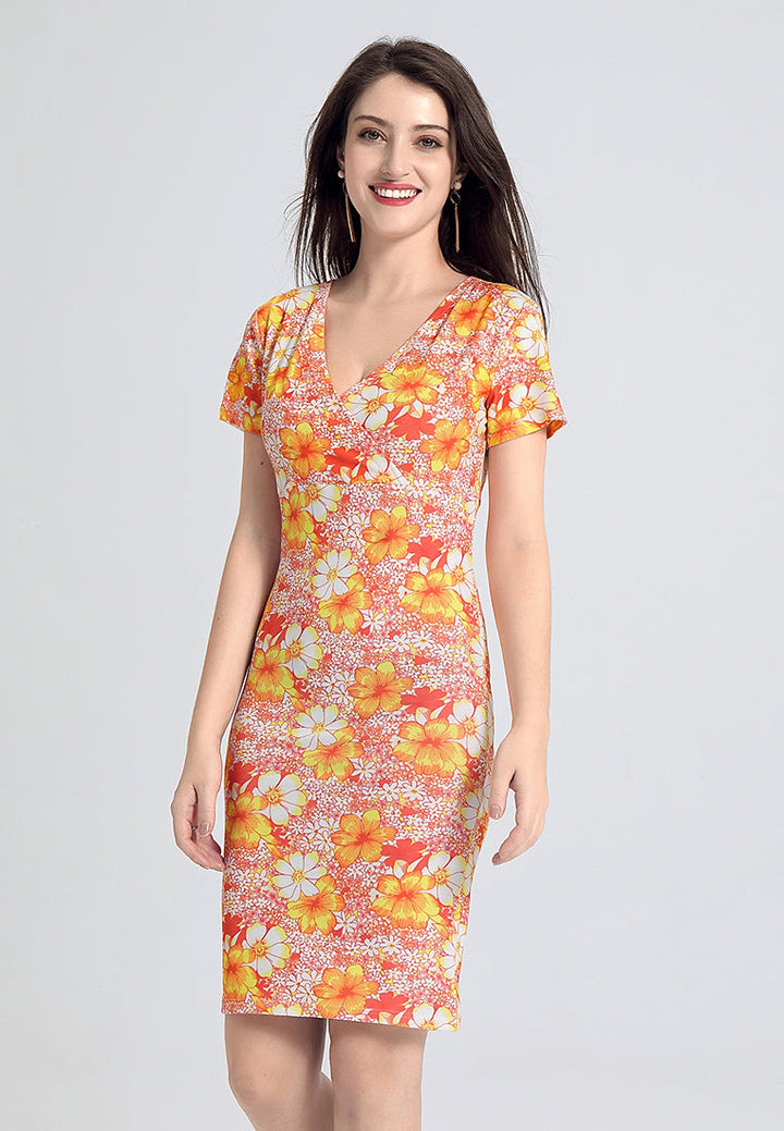 v-neck bodycon dress#color_orange-print