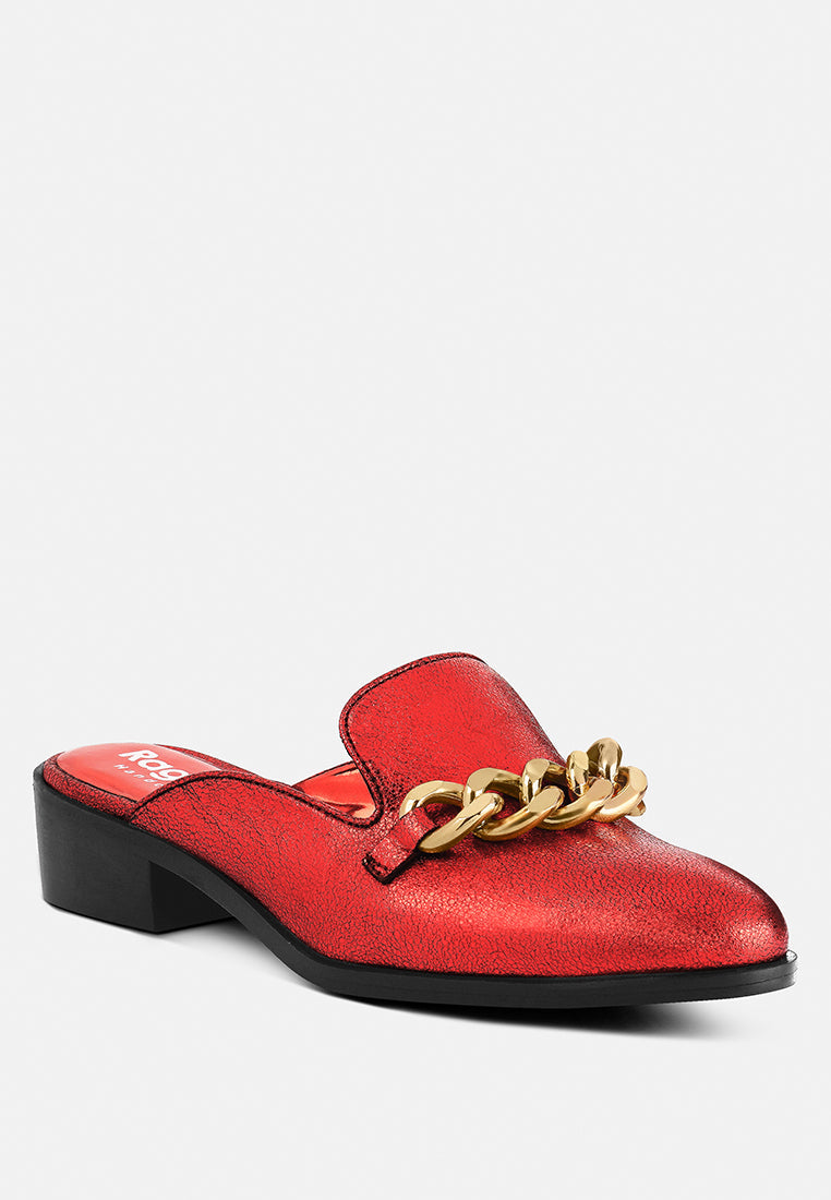 aksa chain embellished metallic leather mules by ruw#color_red
