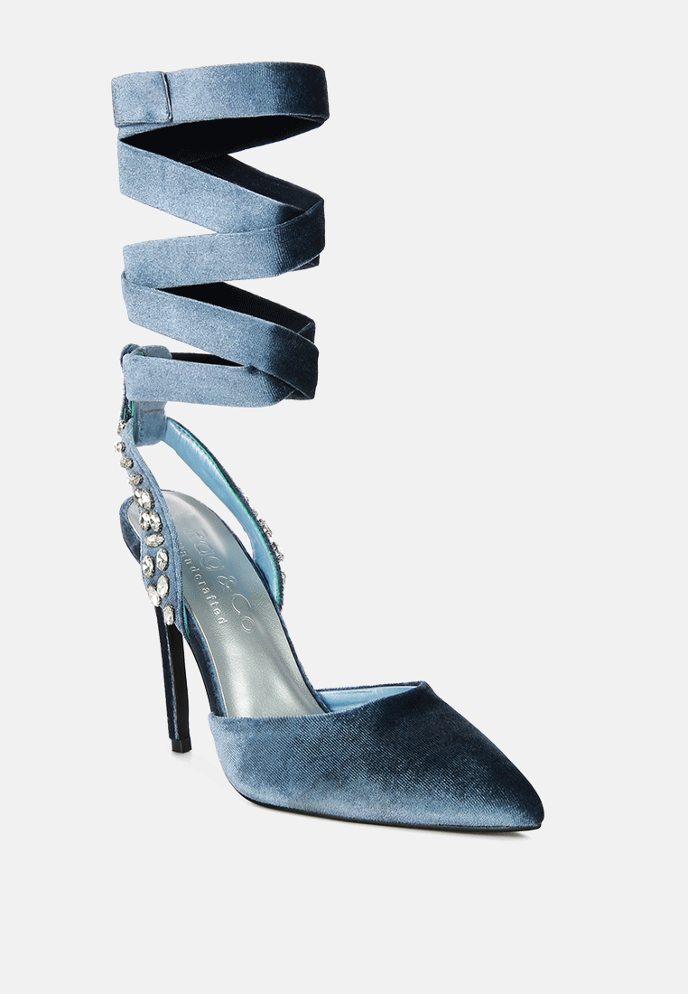 wallis blue velvet diamante stud tie up sandals by ruw#color_blue