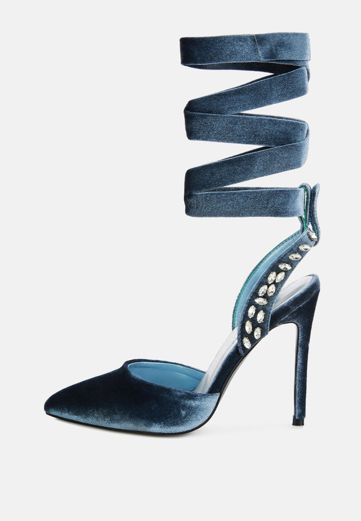 wallis blue velvet diamante stud tie up sandals by ruw#color_blue