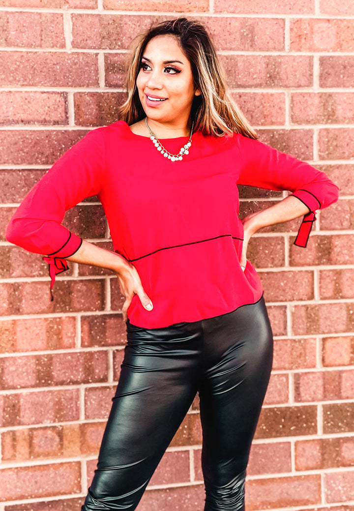 elbow sleeve casual top#color_red
