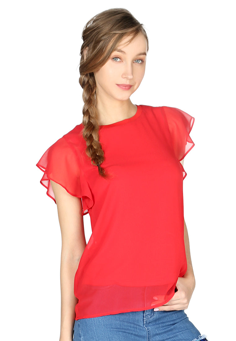 short flutter sleeve casual top#color_red