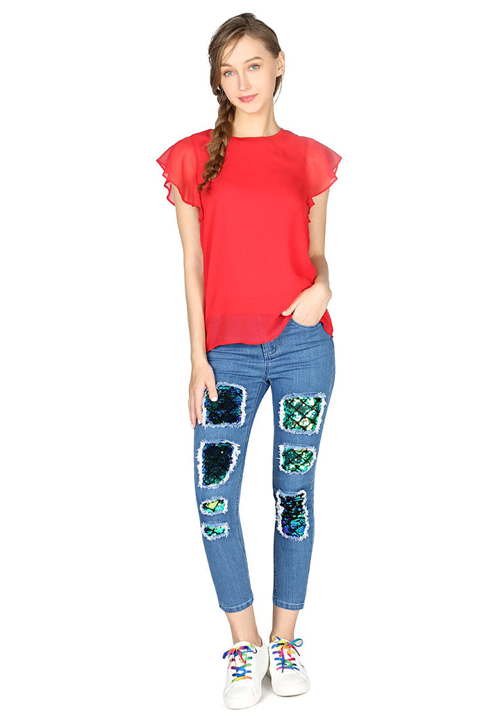 short flutter sleeve casual top#color_red