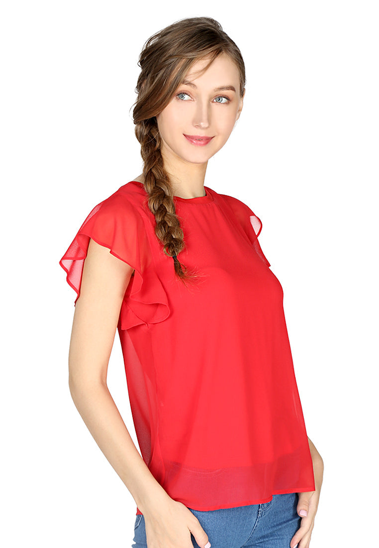 short flutter sleeve casual top#color_red