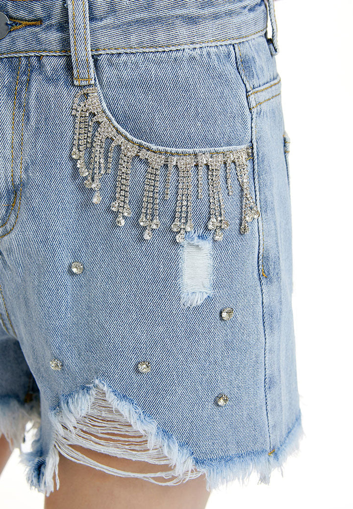 rhinestone rugged denim shorts#color_blue
