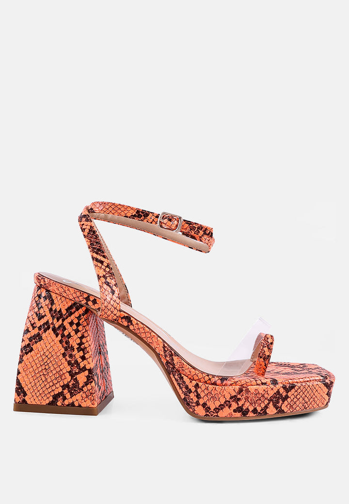 such flirt snake print triangular block heel sandals by ruw#color_orange