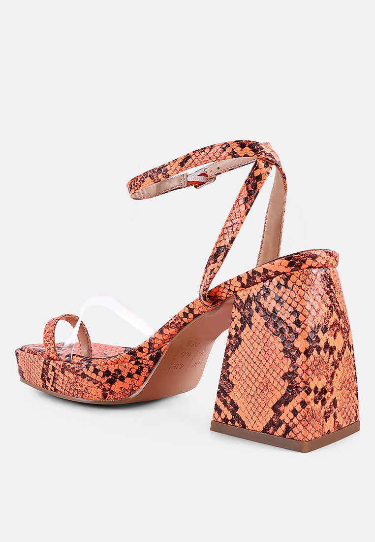 such flirt snake print triangular block heel sandals by ruw#color_orange