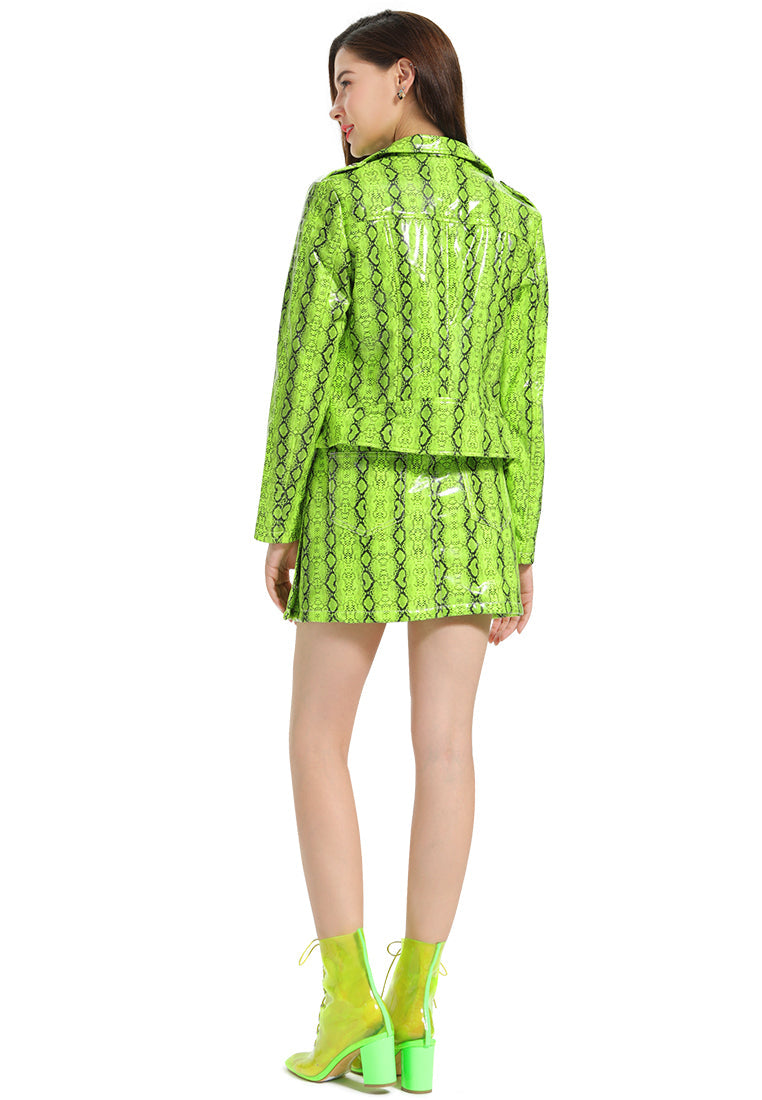 Slithering Bright Mini Skirt#color_green-snake-print