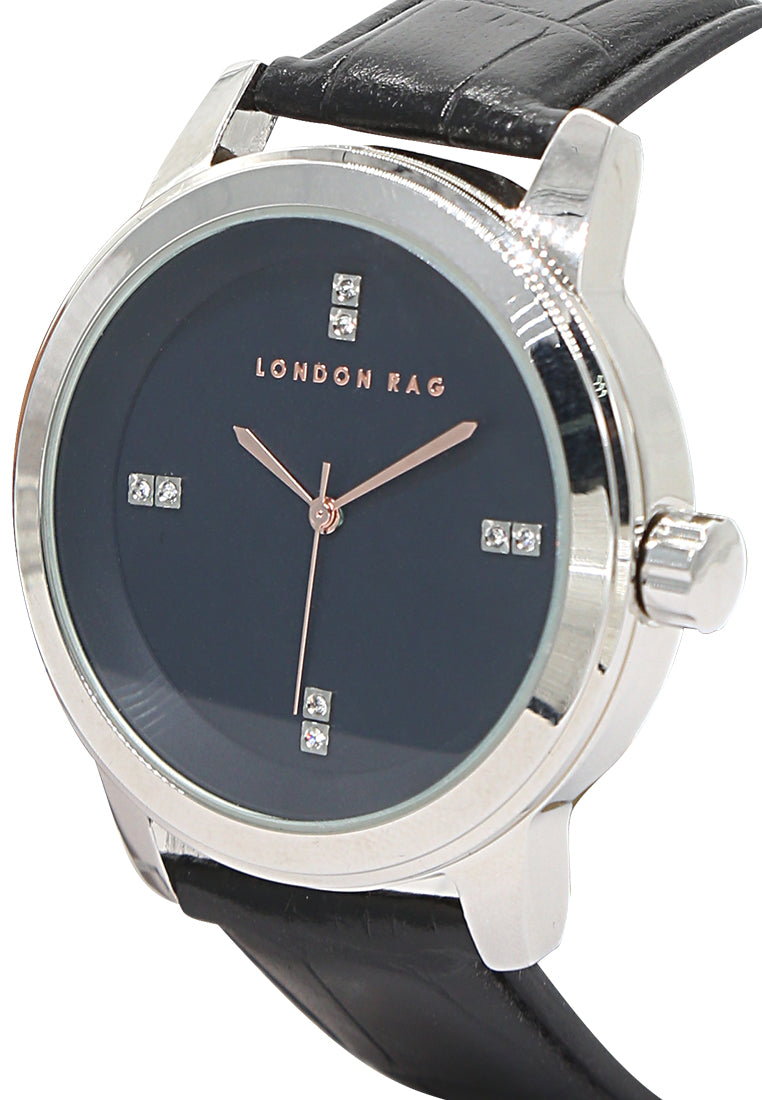 unisex black casual watch with croc pu leather strap#color_black