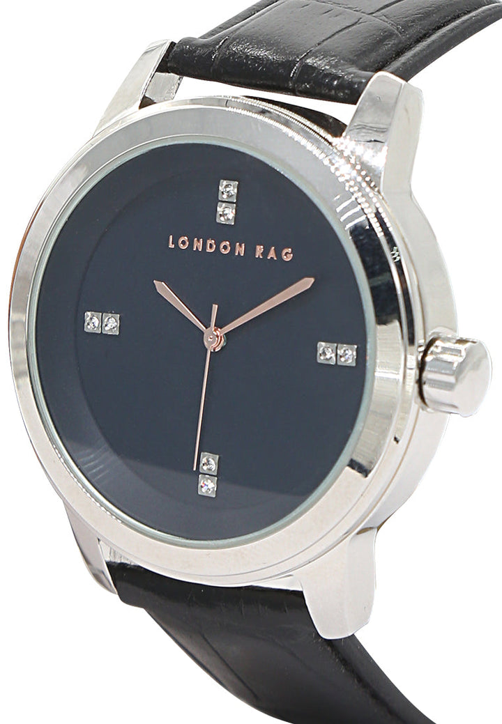 unisex black casual watch with croc pu leather strap#color_black