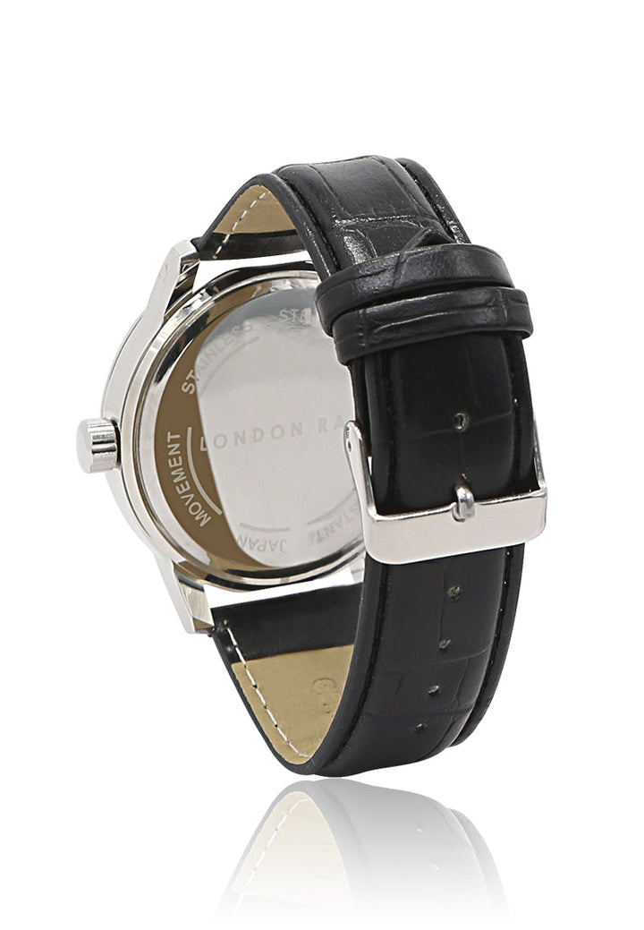 unisex black casual watch with croc pu leather strap#color_black