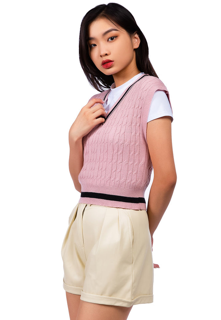 v-neck cable knit vest sweater#color_dusty-pink-black