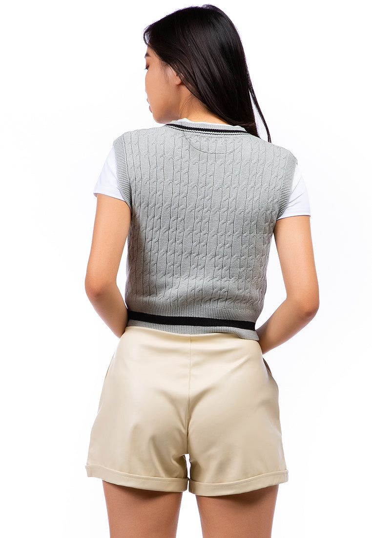 v-neck cable knit vest sweater#color_light-grey-black