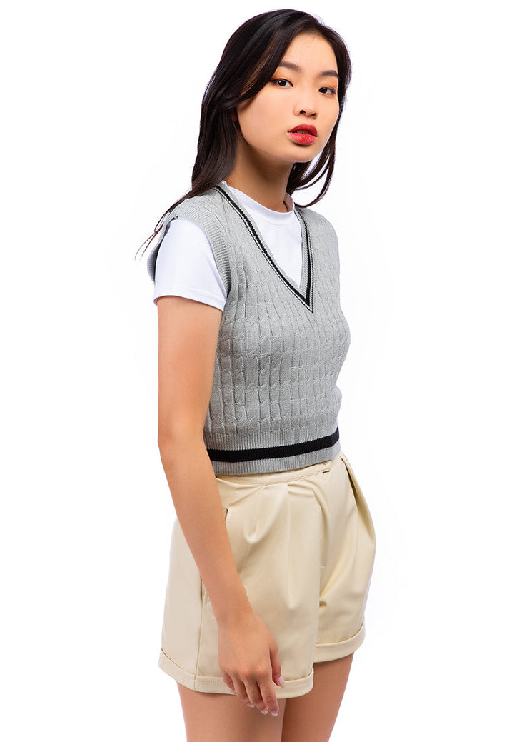 v-neck cable knit vest sweater#color_light-grey-black
