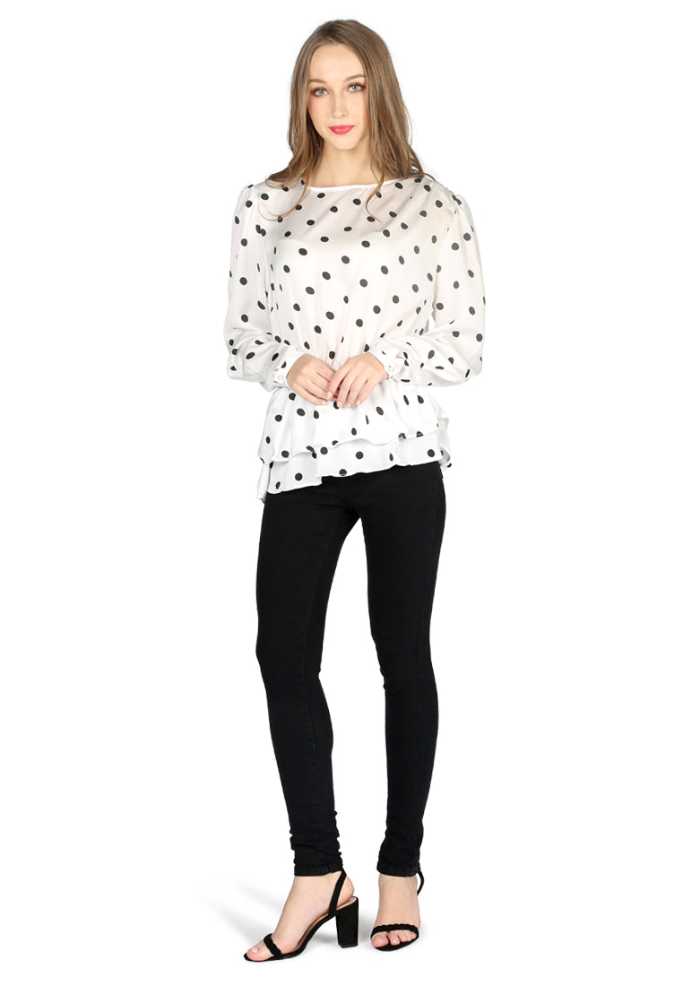 full sleeve polka dot casual sheath top#color_white