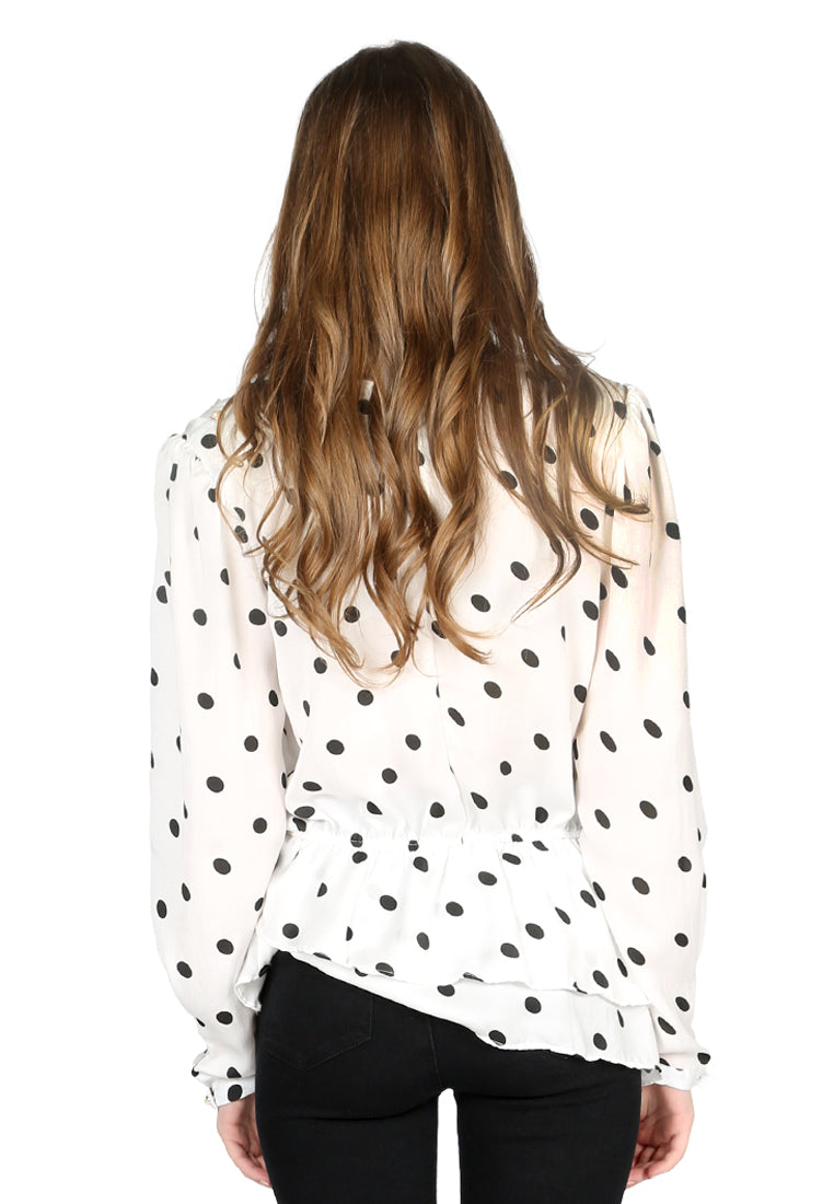 full sleeve polka dot casual sheath top#color_white