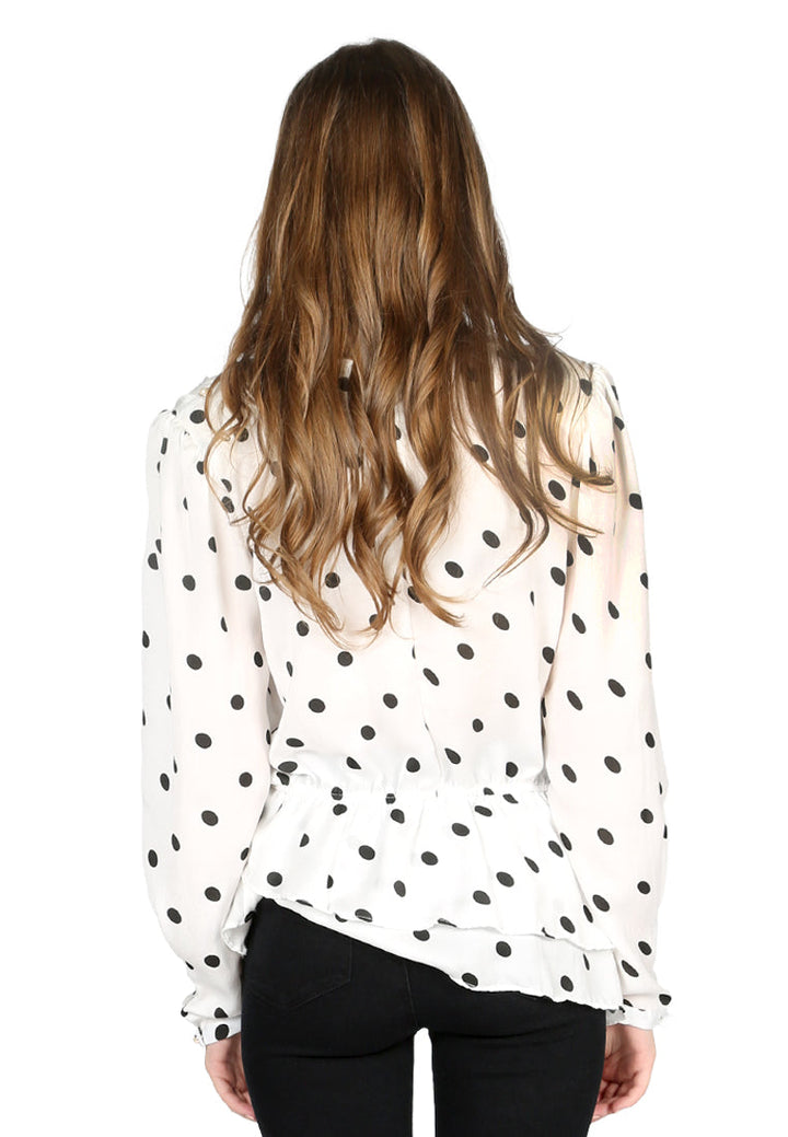 full sleeve polka dot casual sheath top#color_white