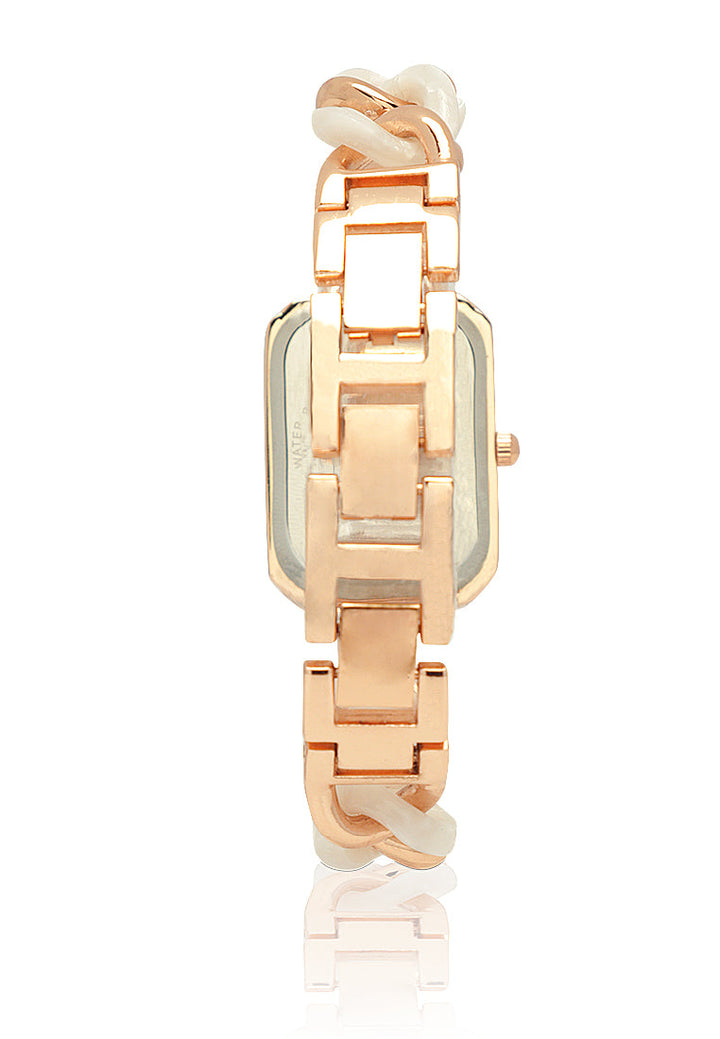 white gold rectangular dial women's watch#color_white-rose-gold