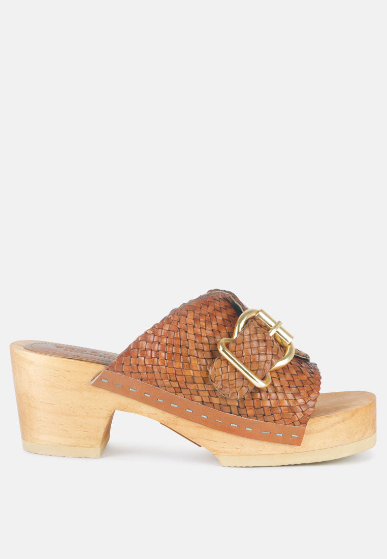 yoruba braided leather buckled slide clogs by ruw#color_tan