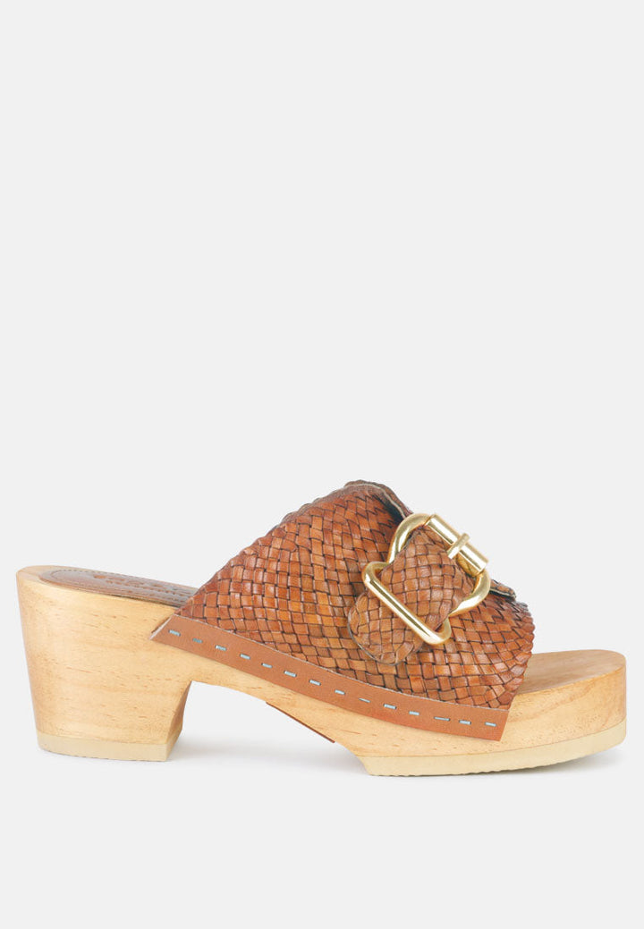 yoruba braided leather buckled slide clogs by ruw#color_tan