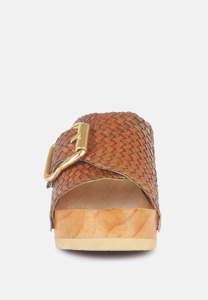 yoruba braided leather buckled slide clogs by ruw#color_tan