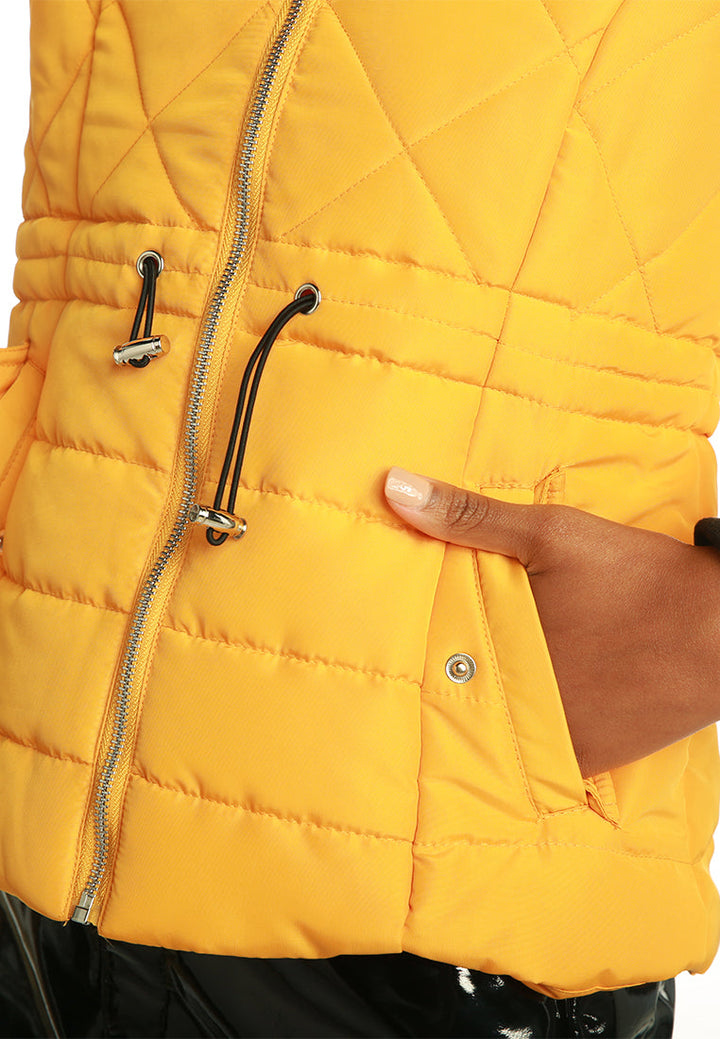 faux fur hooded puffer jacket#color_yellow