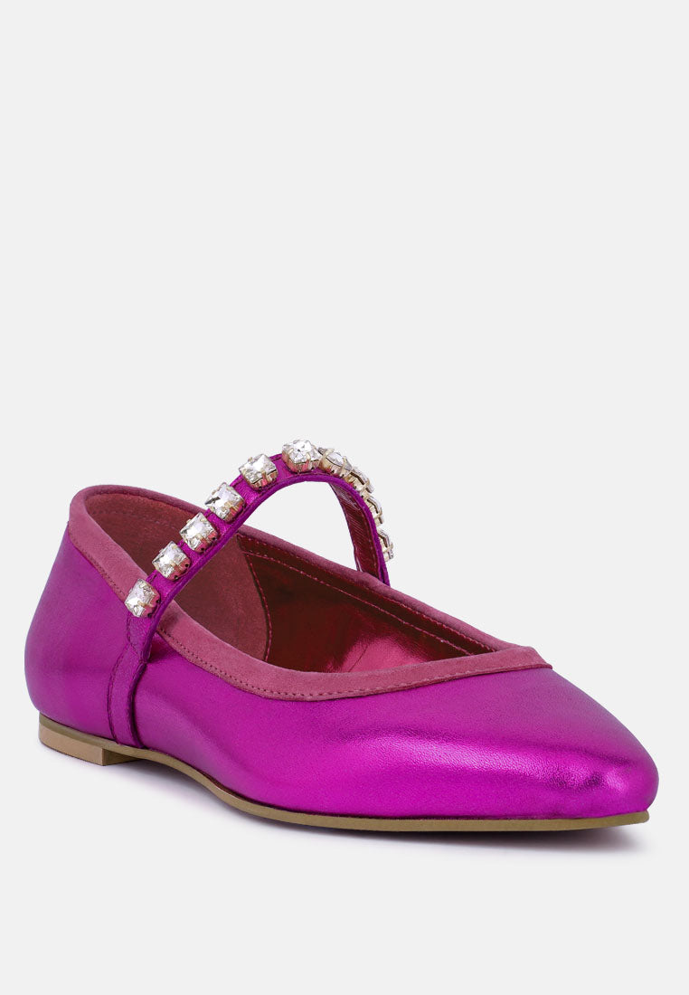 alverno metallic diamante mary jane leather flats by ruw#color_fuchsia