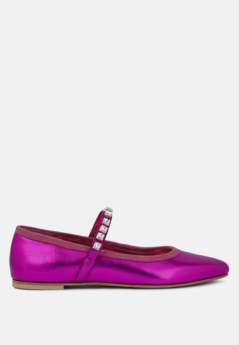 alverno metallic diamante mary jane leather flats by ruw#color_fuchsia