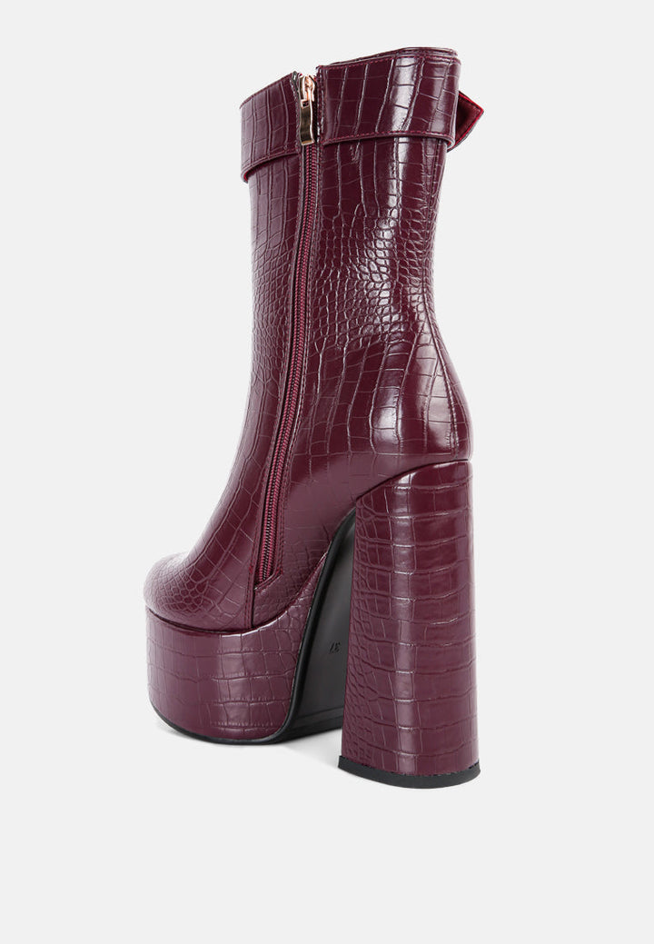 bumpy croc high block heeled chunky ankle boots by ruw#color_burgundy