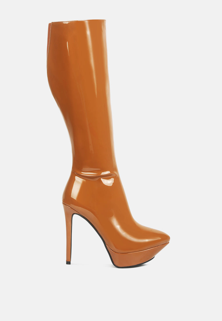 chatton patent stiletto high heeled calf boots#color_tan