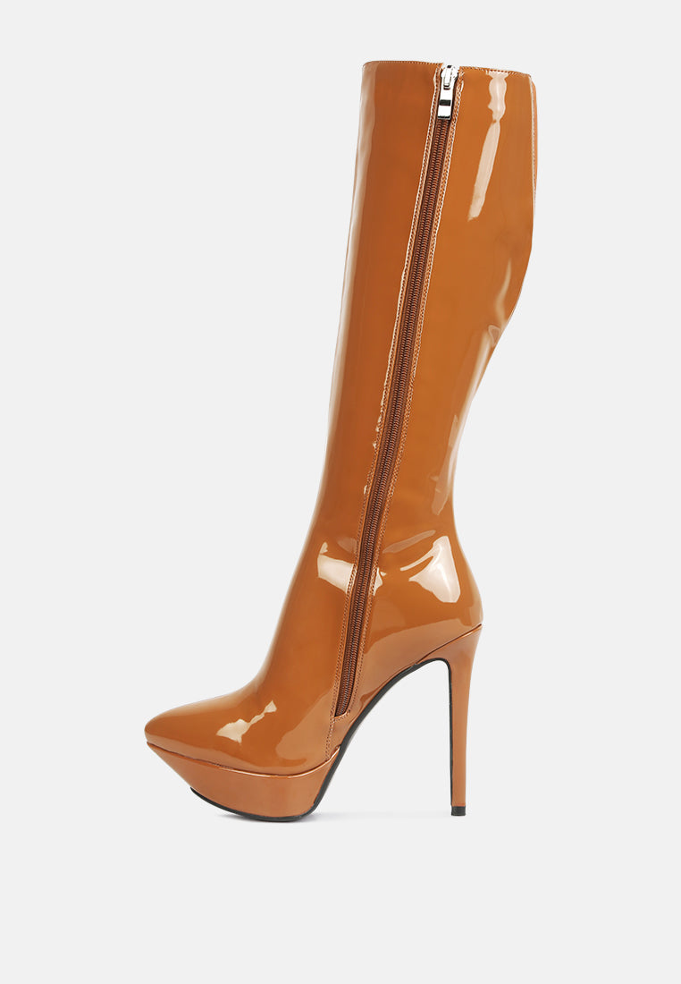 chatton patent stiletto high heeled calf boots by ruw#color_tan