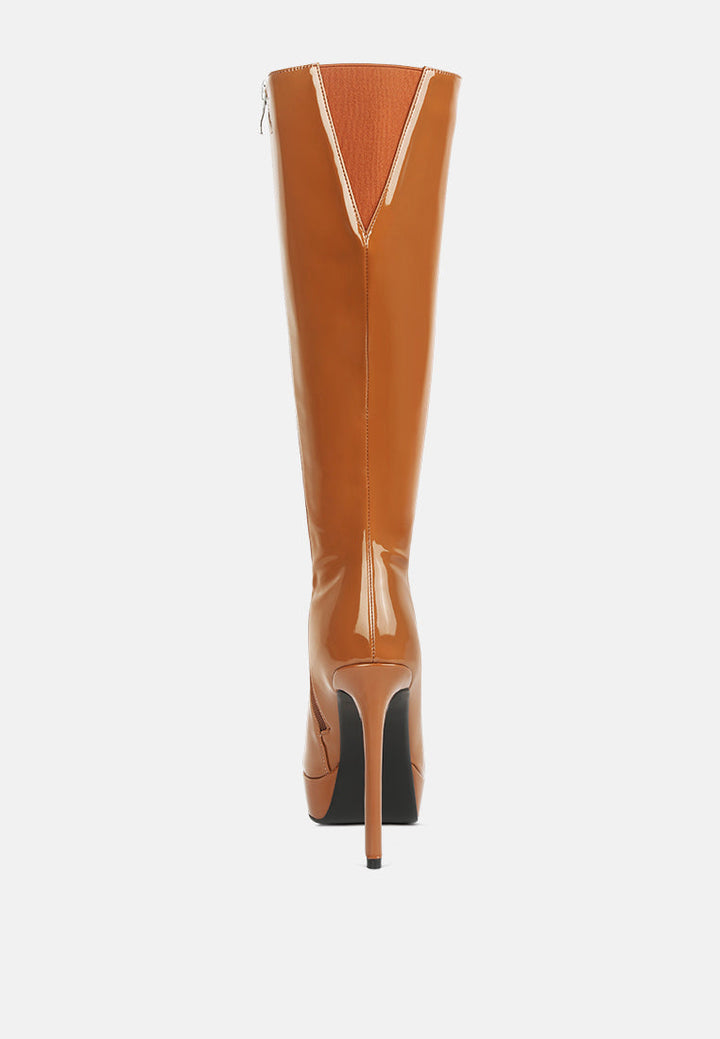 chatton patent stiletto high heeled calf boots by ruw#color_tan