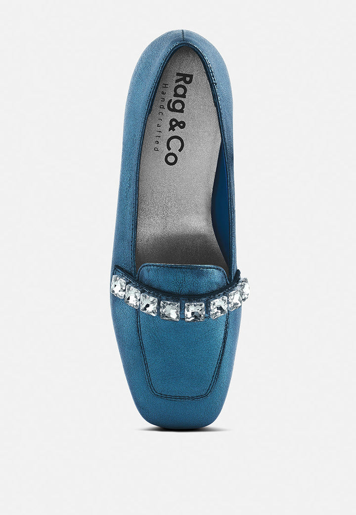 churros green metallic diamante leather loafers by ruw#color_blue