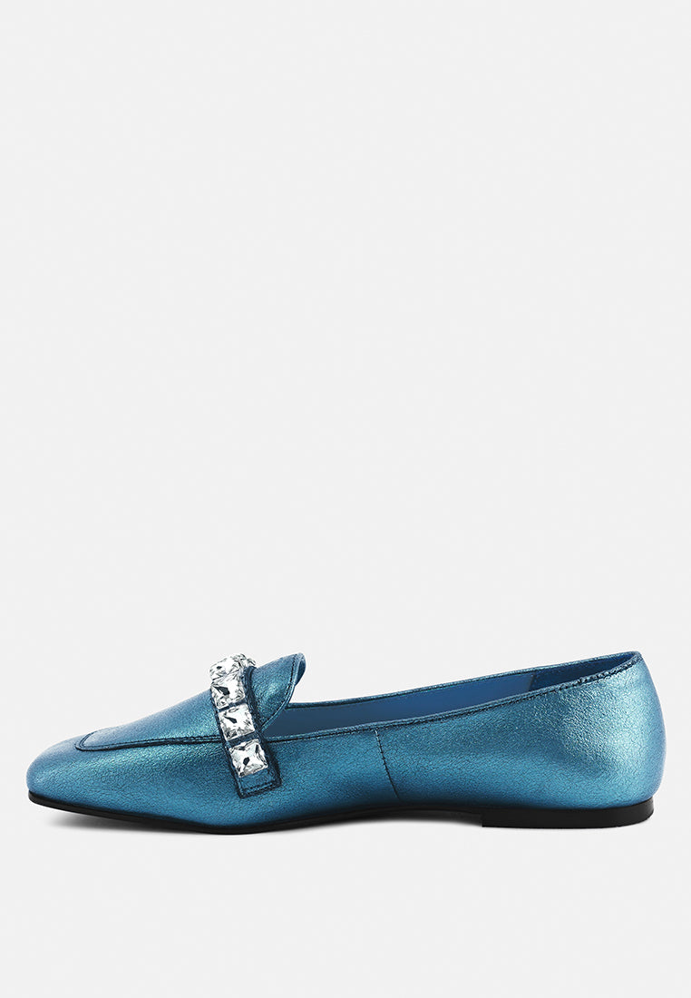 churros green metallic diamante leather loafers by ruw#color_blue