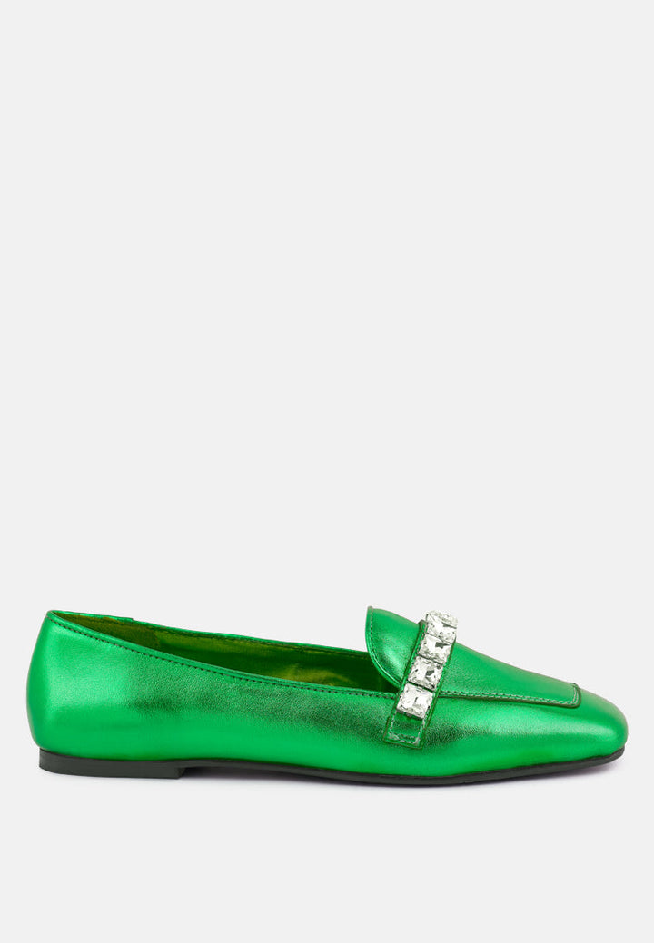 churros green metallic diamante leather loafers by ruw#color_green