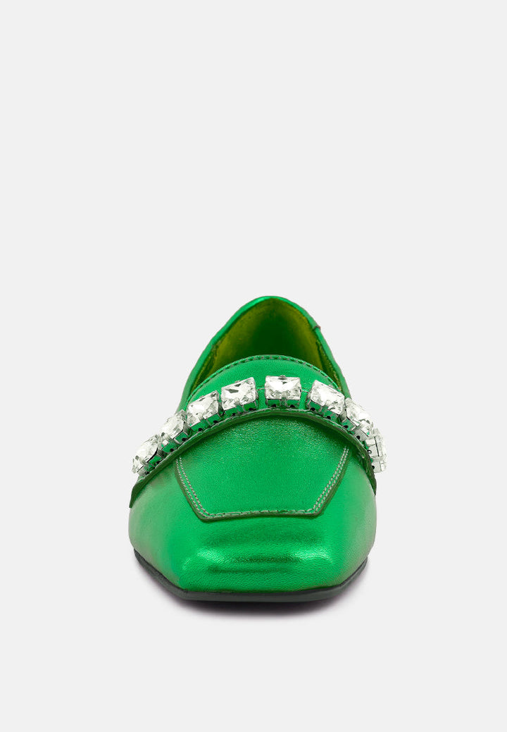 churros green metallic diamante leather loafers by ruw#color_green