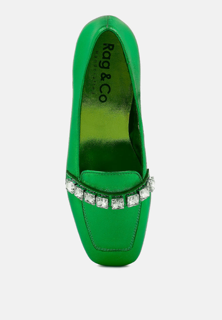 churros green metallic diamante leather loafers by ruw#color_green
