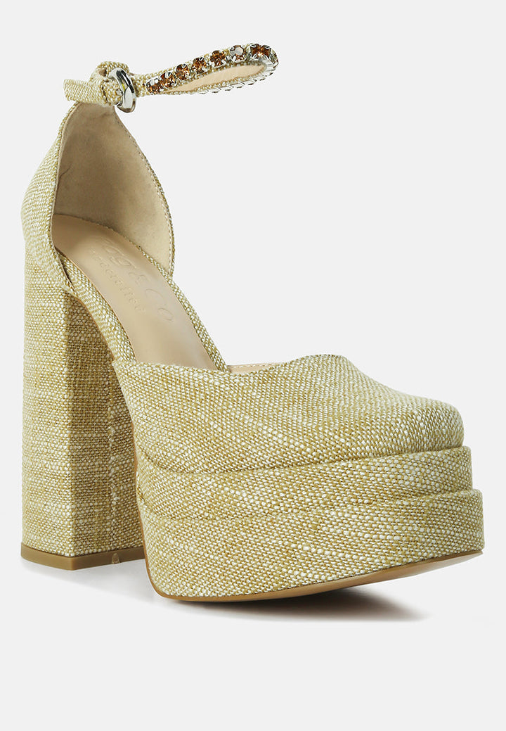 cosette diamanate embellished ankle strap high block heel sandals by ruw#color_brown