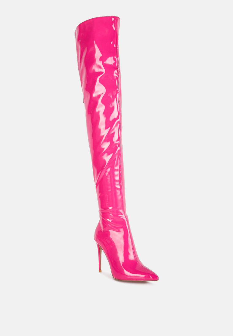 eclectic patent pu long stiletto boots by ruw#color_neon-pink