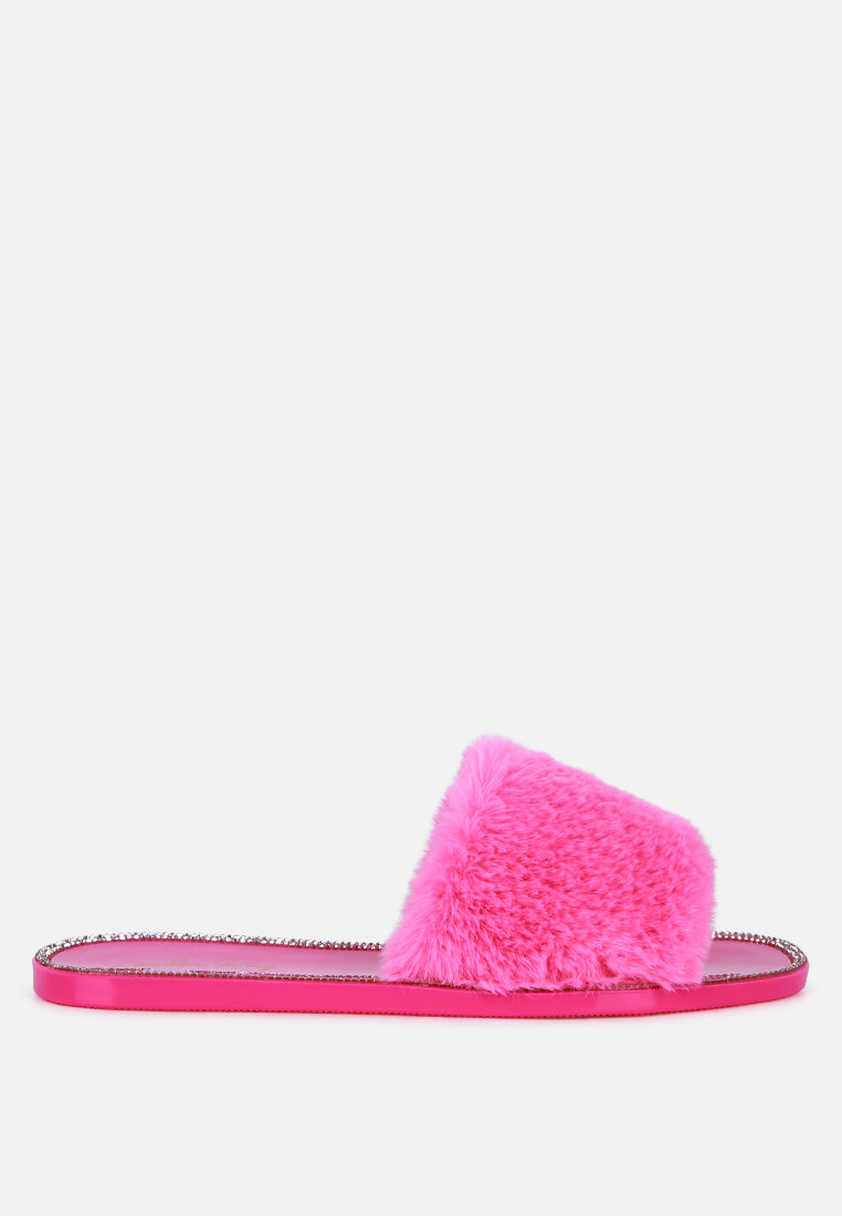 geese faux fur diamante detail jelly flats by ruw#color_pink