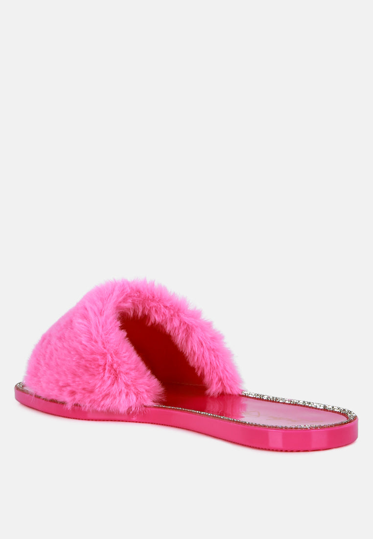 geese faux fur diamante detail jelly flats by ruw#color_pink