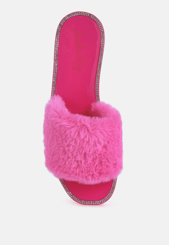 geese faux fur diamante detail jelly flats by ruw#color_pink