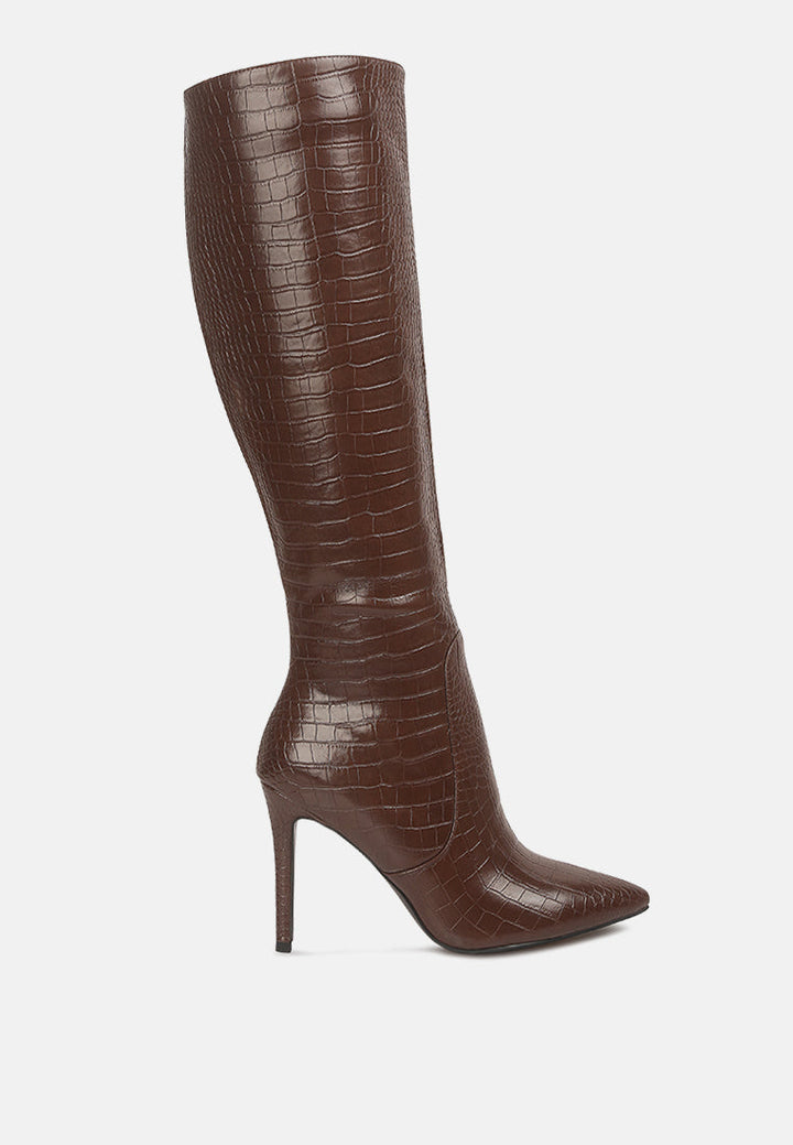 indulgent high heel croc calf boots by ruw#color_dark-brown