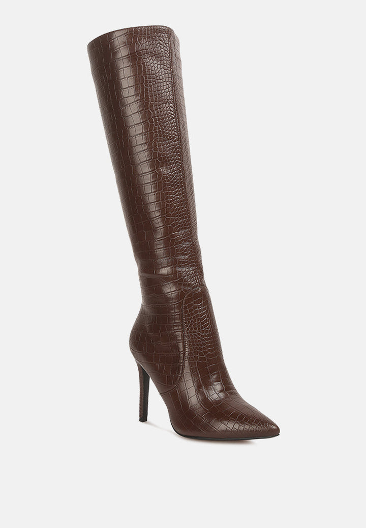 indulgent high heel croc calf boots by ruw#color_dark-brown