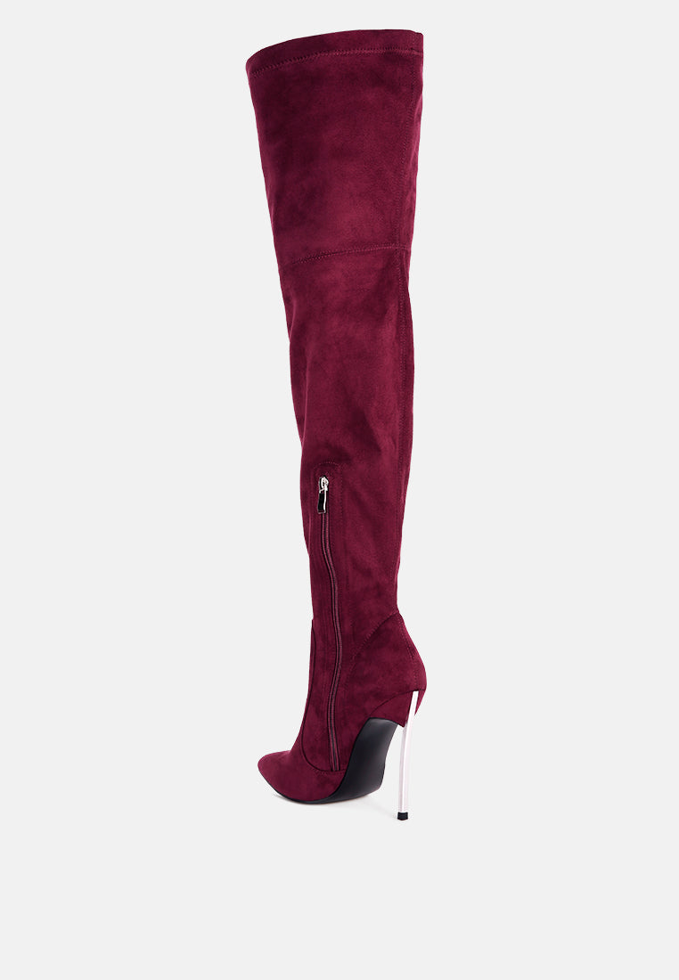 jaynetts stretch suede micro high knee boots by ruw#color_burgundy