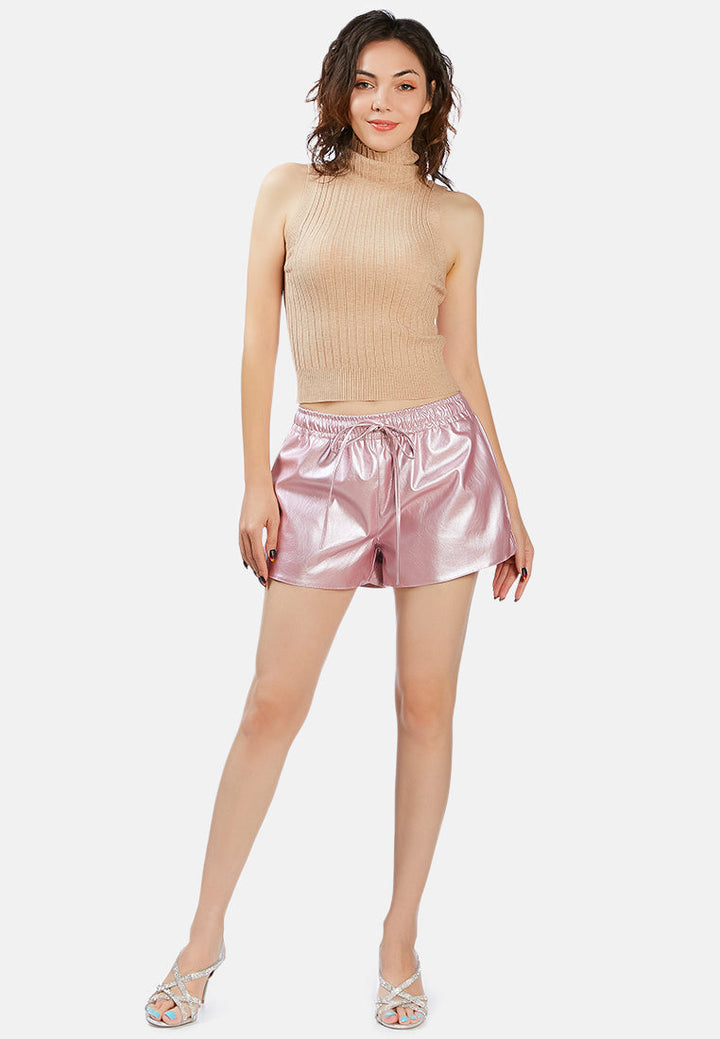 metallic faux leather drawstring shorts by ruw#color_pink