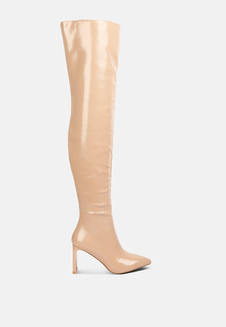 minkles patent pu long slim block heeled boots by ruw#color_beige