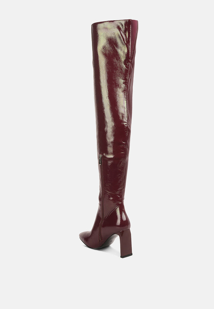 minkles patent pu long slim block heeled boots by ruw#color_burgundy